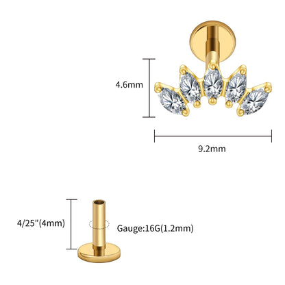 Right Grand ASTM F136 Titanium 5 Marquise CZ Crown Cartilage Earring 16G Cluster CZ Flat Back Helix Stud Nose Piercing Jewelry