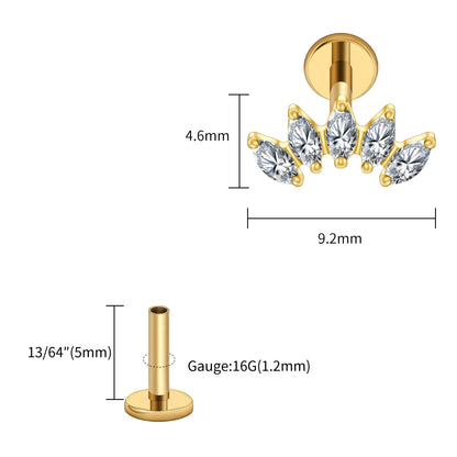 Right Grand ASTM F136 Titanium 5 Marquise CZ Crown Cartilage Earring 16G Cluster CZ Flat Back Helix Stud Nose Piercing Jewelry
