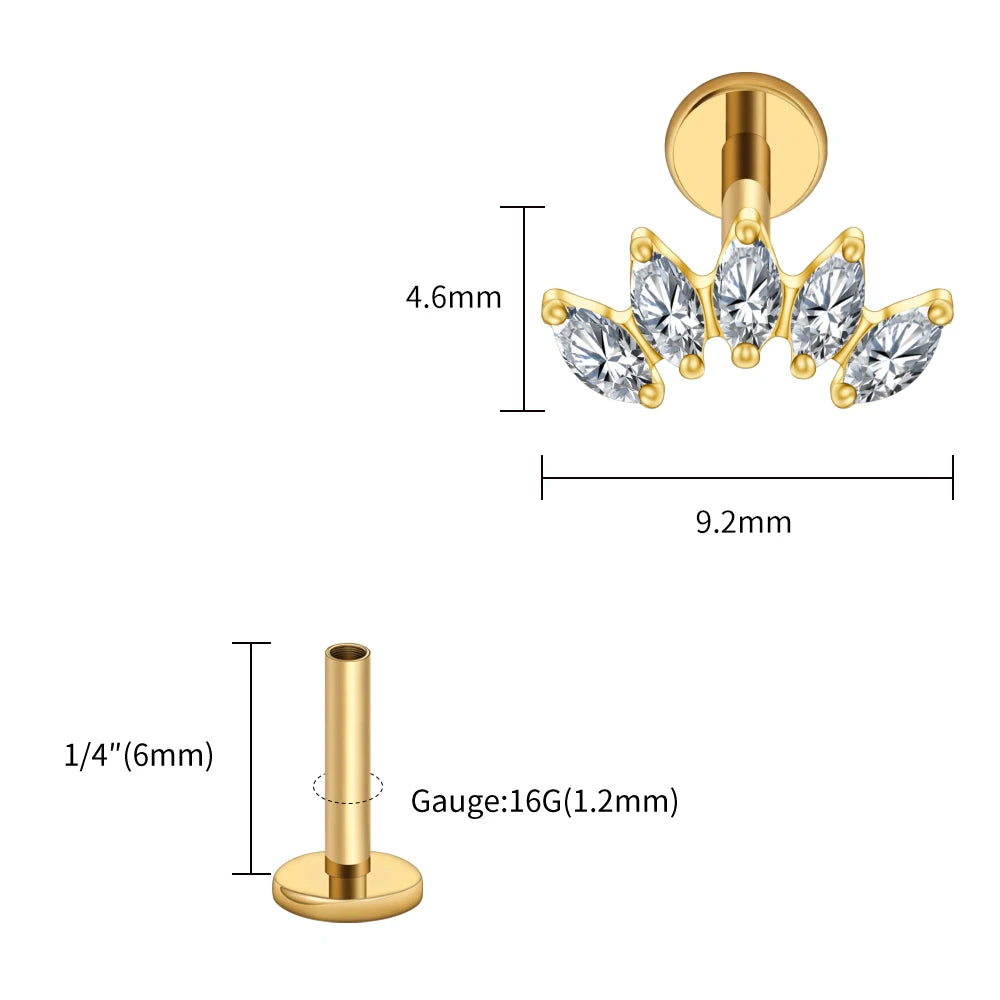 Right Grand ASTM F136 Titanium 5 Marquise CZ Crown Cartilage Earring 16G Cluster CZ Flat Back Helix Stud Nose Piercing Jewelry