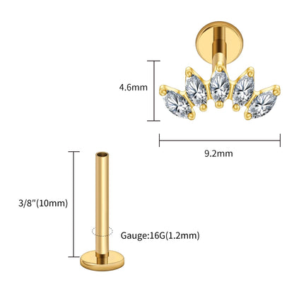 Right Grand ASTM F136 Titanium 5 Marquise CZ Crown Cartilage Earring 16G Cluster CZ Flat Back Helix Stud Nose Piercing Jewelry