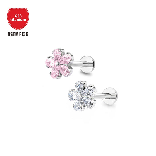 JT 1 Pcs F316 Titanium Alloy Fashion Exquisite Two-Color Zircon Flower Inlay Thread 16G Ear Stud Lip Nail Piercings Jewelry