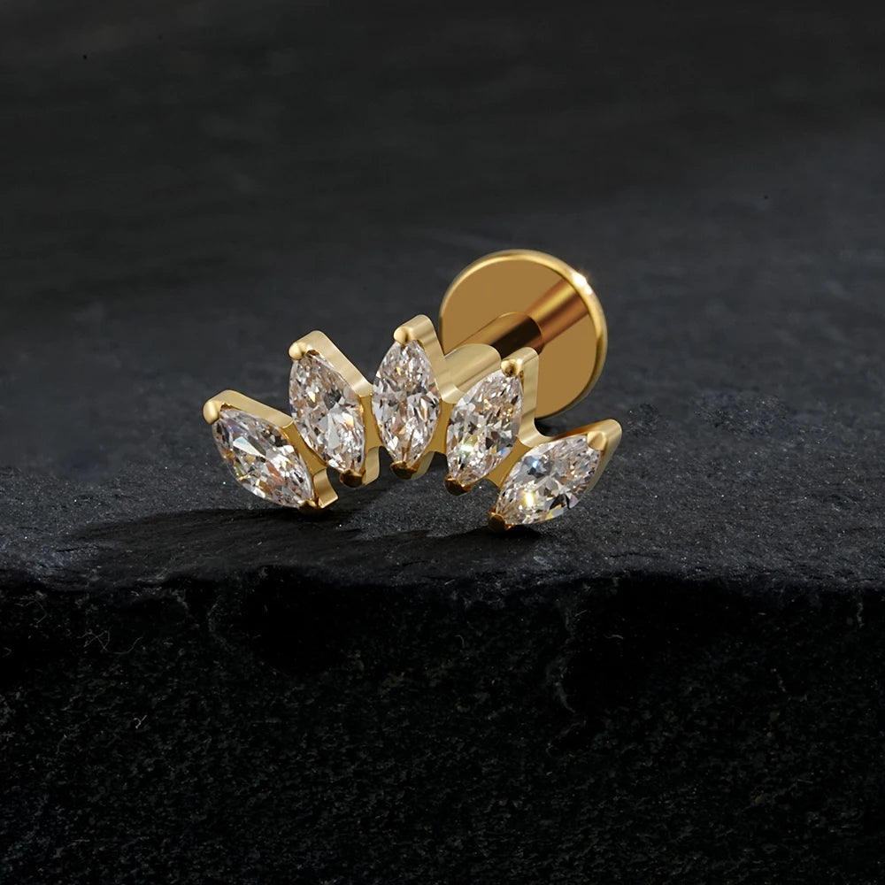 Right Grand ASTM F136 Titanium 5 Marquise CZ Crown Cartilage Earring 16G Cluster CZ Flat Back Helix Stud Nose Piercing Jewelry