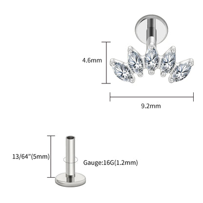 Right Grand ASTM F136 Titanium 5 Marquise CZ Crown Cartilage Earring 16G Cluster CZ Flat Back Helix Stud Nose Piercing Jewelry
