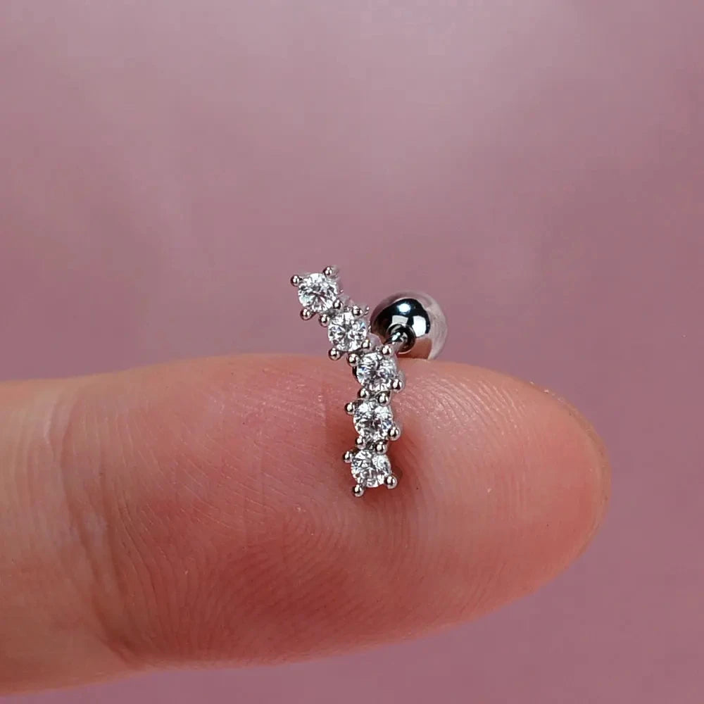 1PC New Curved Cz Cartilage Stud Moon Leaf  Helix Rook Conch Screw Back Earring Stainless Steel Bar Ear Piercing Jewelry